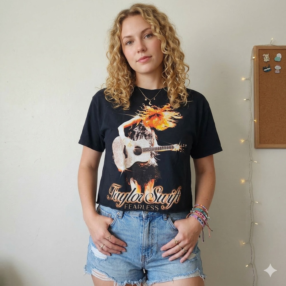 Taylor Swift Fearless Taylors Version Black Graphic‎ T-Shirt Raw Hem Large